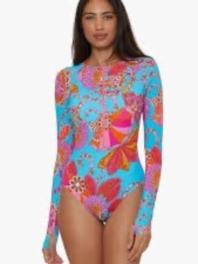 Trina Turk Maliana Zip Long Sleeve One-Piece Swimsuit Rashguard Paddle Suit M